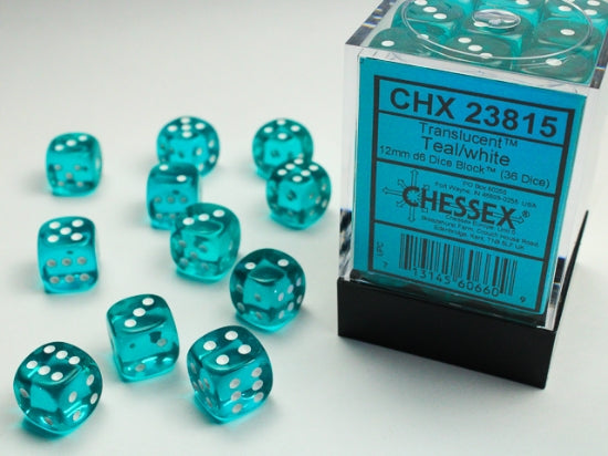 CHESSEX - Translucent Teal/white - 12mm d6 Dice Block (36 dice)