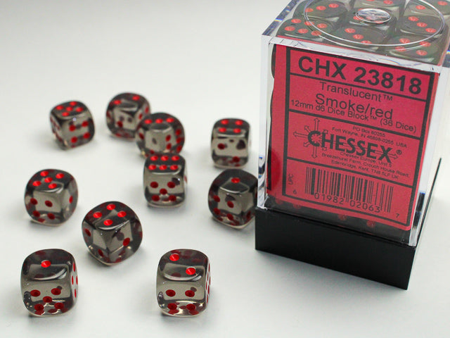 CHESSEX - Translucent Smoke/red - 12mm d6 Dice Block (36 dice)