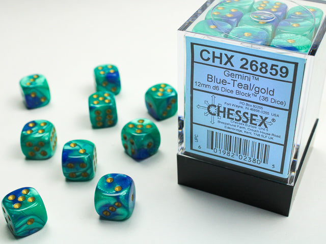 CHESSEX - Gemini Blue-Teal/gold - 12mm d6 Dice Block (36 dice)