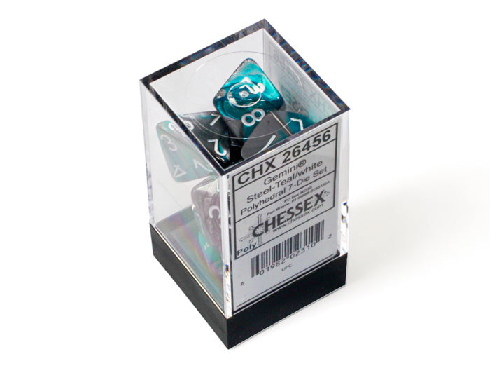 CHESSEX - Gemini Steel-Teal/white Polyhedral 7-Dice Set