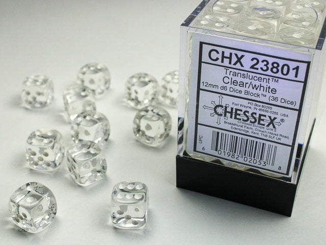 CHESSEX - Translucent Clear/white 12mm d6 Dice Block (36 dice)