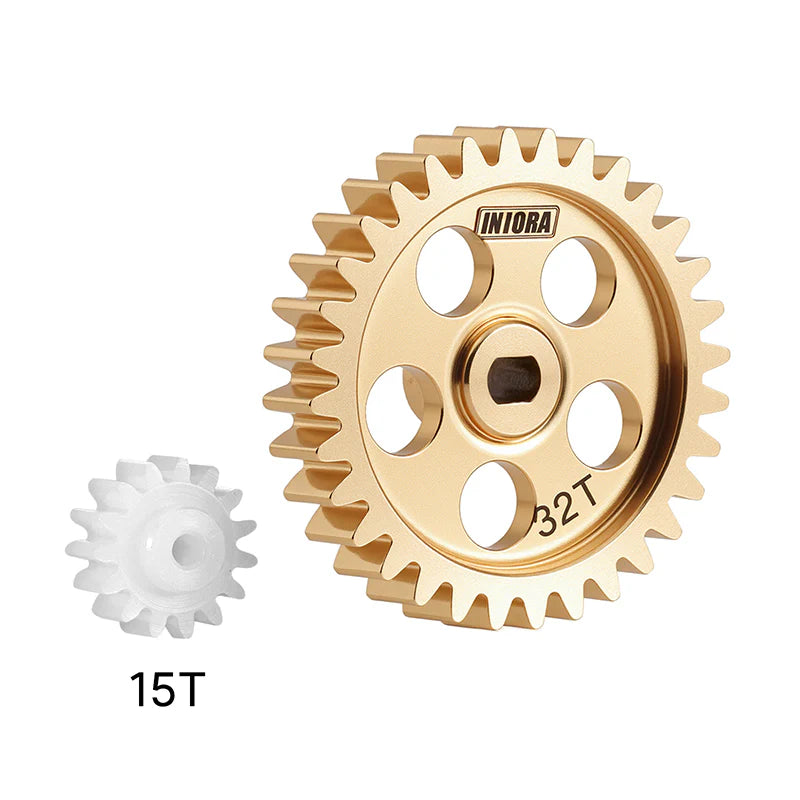 INJORA - Brass Transmission Main Gear with Plastic Motor Pinion for Losi Micro-B Micro-T - 15T/32T Gears (Overdrive 53.4%)