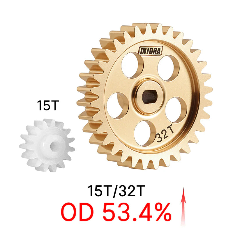 INJORA - Brass Transmission Main Gear with Plastic Motor Pinion for Losi Micro-B Micro-T - 15T/32T Gears (Overdrive 53.4%)