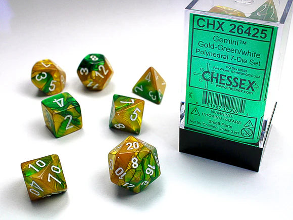 CHESSEX - Gemini Gold-Green/white Polyhedral 7-Dice Set