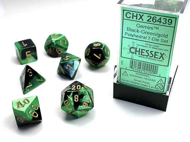 CHESSEX - Gemini Black-Green/Gold Polyhedral 7 - Dice Set