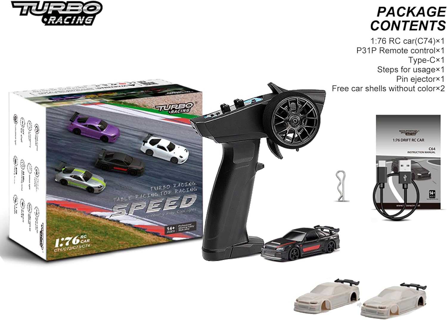 Turbo Racing - C74 Escala 1:76 Sports Car RTR - Black