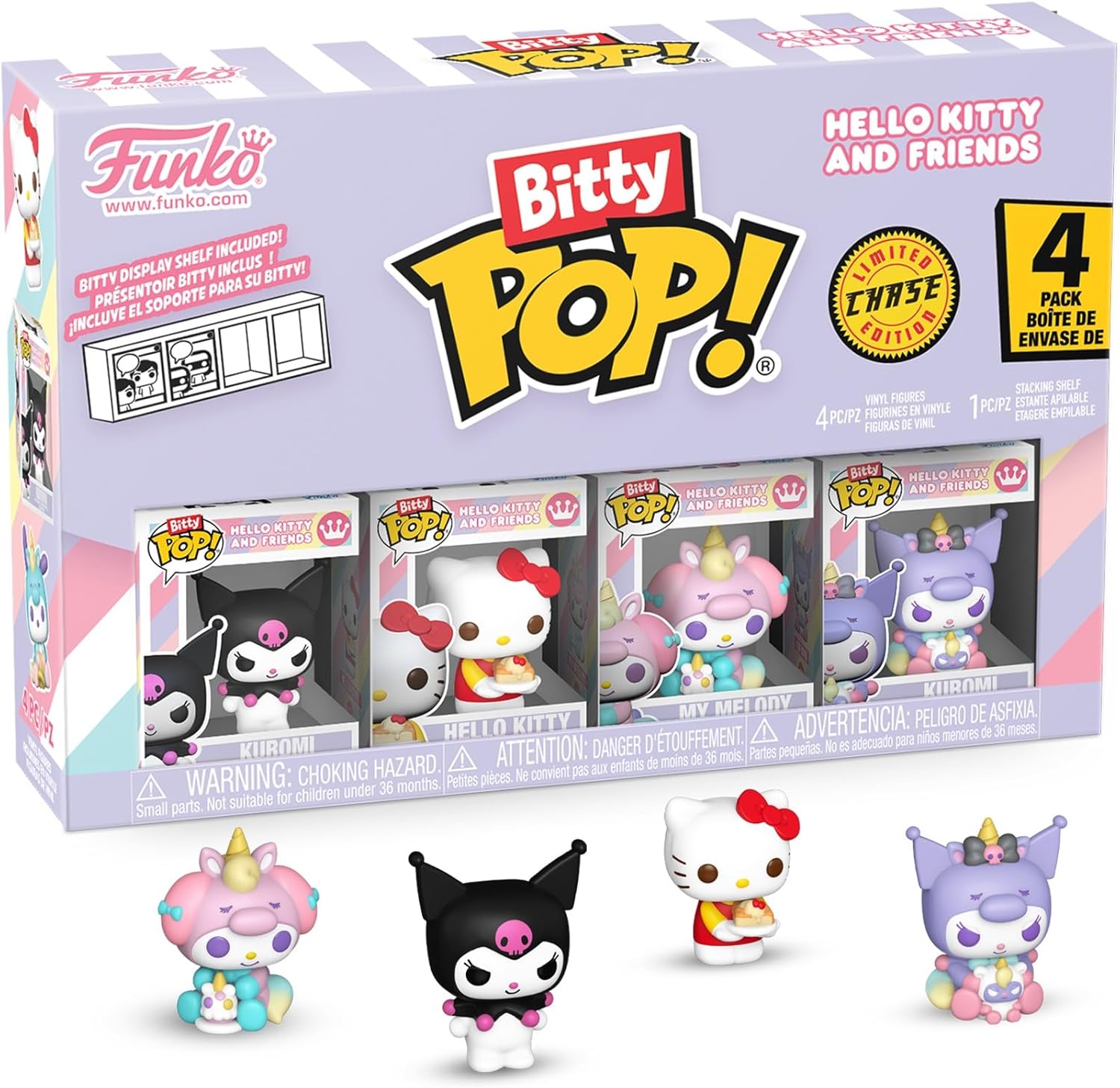 Funko Bitty Pop: Hello Kitty and Friends - Kuromi, Hello Kitty (Ice Cream), My Melody (Unicorn Party) y Chase (figura aleatoria)