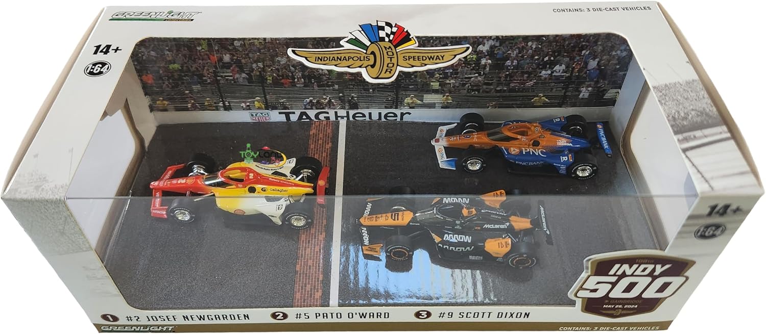 Greenlight - 2024 Indianapolis 500 Podium 3-Car Set - #2 Josef Newgarden, #5 Pato O'Ward, #9 Scott Dixon, escala 1:64