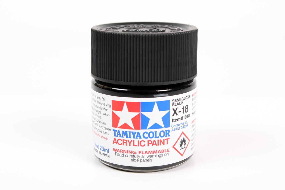 Tamiya - Acrylic X-18 Semi Gloss Black Paint, 23ml Bottle