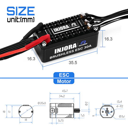 INJORA - Roverin FOC Sensored Brushless ESC & Motor Combo for 1/18 TRX4M Ascent18 (4800Kv)