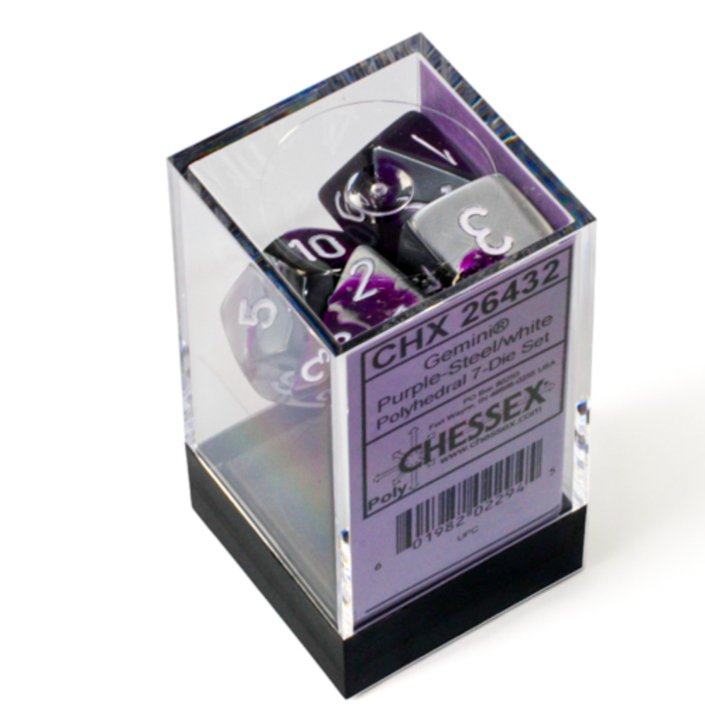 CHESSEX - Gemini Purple-Steel/White Polyhedral 7 - Dice Set