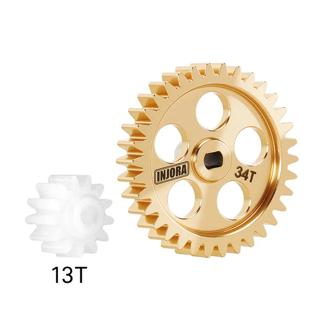 INJORA - Brass Transmission Main Gear with Plastic Motor Pinion for Losi Micro-B Micro-T - 13T/34T Gears (Overdrive 25.1%)