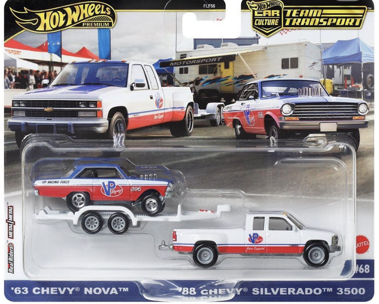 Mattel - 2024 Hot Wheels '63 Chevy Nova & '88 Chevy Silverado 3500 w/trailer in White
