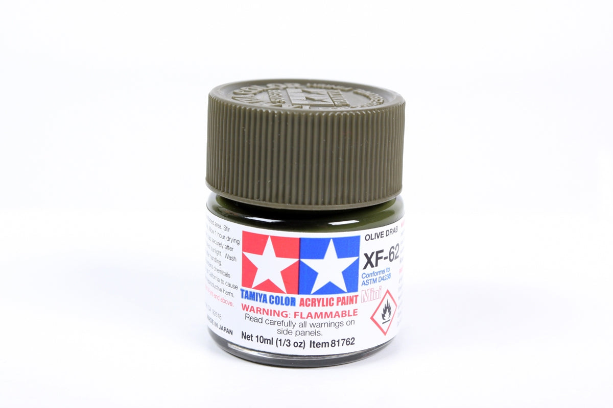 Tamiya - Acrylic Mini XF-62 Flat Olive Drab Paint, 10ml Bottle
