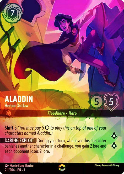 Carta Aladdin - Heroic Outlaw,Set The First Chapter, Número de Tarjeta 211 , Color Ruby, Rarity Enchanted