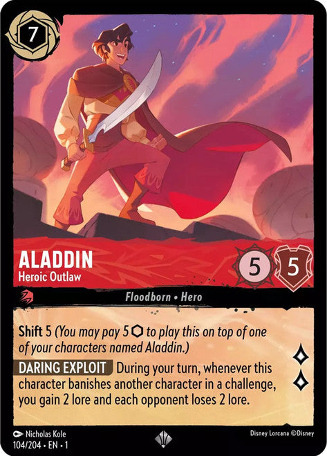 Carta Aladdin - Heroic Outlaw,Set The First Chapter, Número de Tarjeta 104 , Color Ruby, Rarity Super Rare