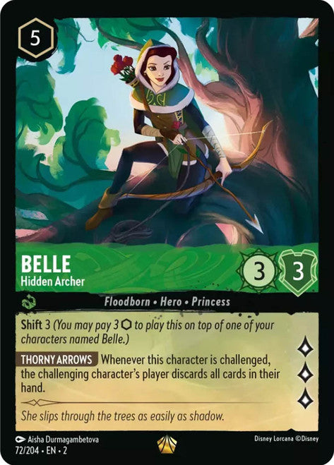 Carta Belle - Hidden Archer,Set Rise of the Floodborn , Número de Tarjeta 72 , Color Emerald, Rarity Legendary