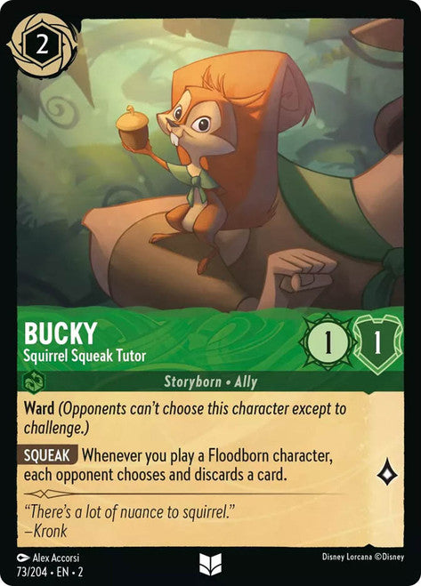 Carta Bucky - Squirrel Squeak Tutor,Set Rise of the Floodborn , Número de Tarjeta 73 , Color Emerald, Rarity Uncommon