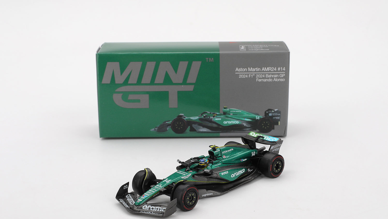 Mini GT - Aston Martin AMR24 #14 Fernando Alonso 2024 F1 2024 Bahrain GP 1/64