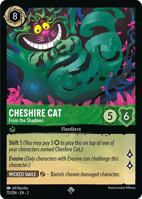 Carta Cheshire Cat - From the Shadows,Set Rise of the Floodborn , Número de Tarjeta 75 , Color Emerald, Rarity Super Rare