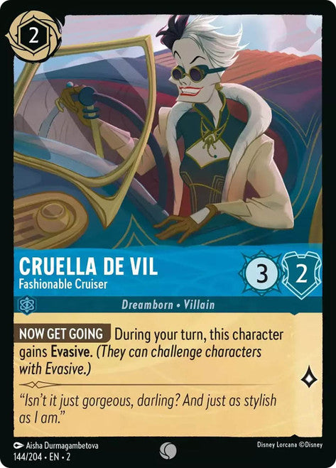 Carta Cruella De Vil - Fashionable Cruiser,Set Rise of the Floodborn , Número de Tarjeta 144 , Color Sapphire, Rarity Common