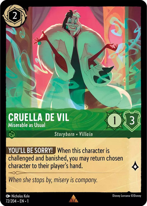 Carta Cruella De Vil - Miserable as Usual,Set The First Chapter, Número de Tarjeta 72 , Color Emerald, Rarity Rare