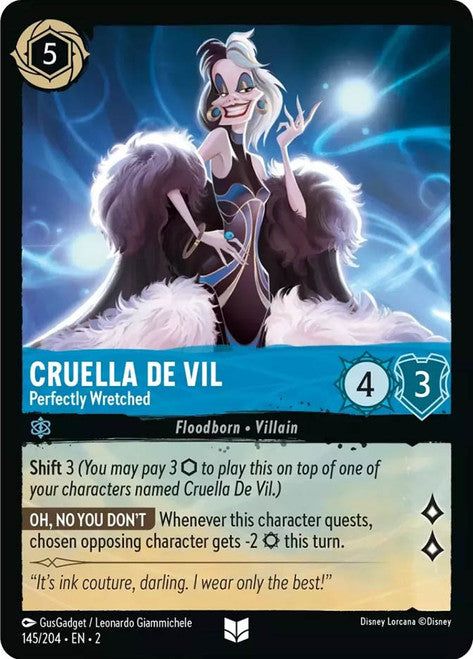 Carta Cruella De Vil - Perfectly Wretched,Set Rise of the Floodborn , Número de Tarjeta 145 , Color Sapphire, Rarity Uncommon