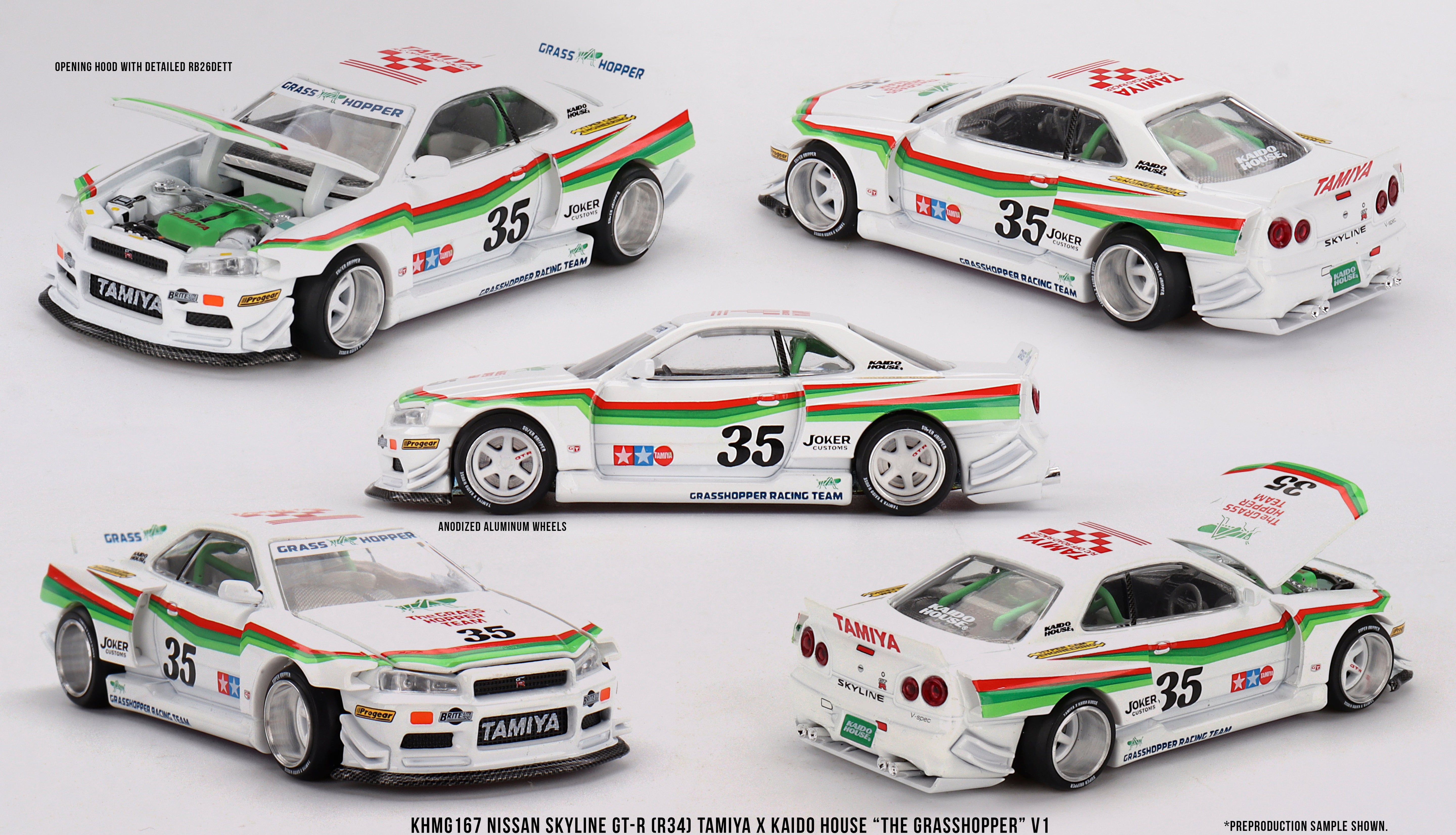 Mini GT - Nissan Skyline GT-R (R34) TAMIYA x KAIDO HOUSE "The GRASSHOPPER" V1 1/64 (Copia)