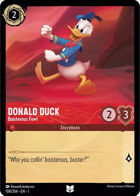 Carta Donald Duck - Boisterous Fowl,Set The First Chapter, Número de Tarjeta 108 , Color Ruby, Rarity Uncommon