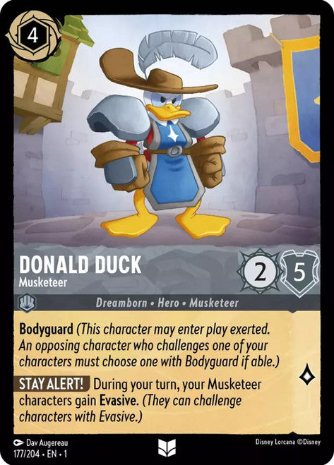 Carta Donald Duck - Musketeer,Set The First Chapter, Número de Tarjeta 177 , Color Steel, Rarity Uncommon