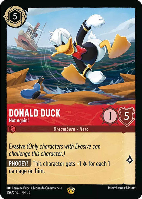 Carta Donald Duck - Not Again!,Set Rise of the Floodborn , Número de Tarjeta 106 , Color Ruby, Rarity Legendary