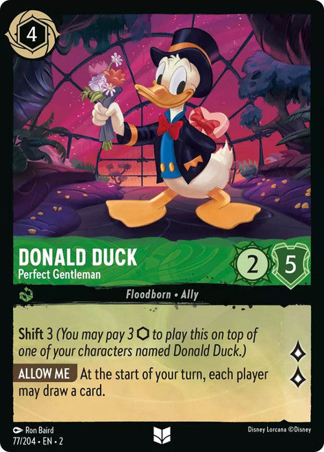 Carta Donald Duck - Perfect Gentleman,Set Rise of the Floodborn , Número de Tarjeta 77 , Color Emerald, Rarity Uncommon