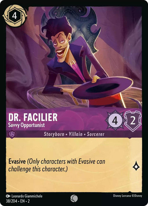 Carta Dr. Facilier - Savvy Opportunist,Set Rise of the Floodborn , Número de Tarjeta 38 , Color Amethyst, Rarity Common