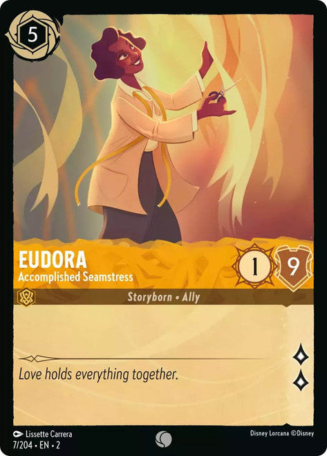 Carta Eudora - Accomplished Seamstress,Set Rise of the Floodborn , Número de Tarjeta 7 , Color Amber, Rarity Common
