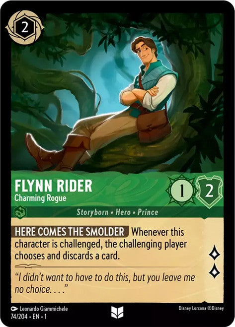 Carta Flynn Rider - Charming Rogue,Set The First Chapter, Número de Tarjeta 74 , Color Emerald, Rarity Uncommon