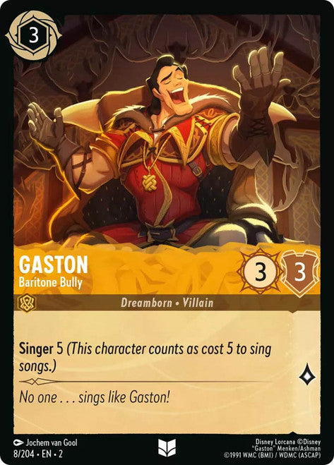 Carta Gaston - Baritone Bully,Set Rise of the Floodborn , Número de Tarjeta 8 , Color Amber, Rarity Uncommon
