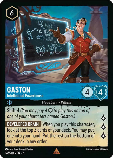Carta Gaston - Intellectual Powerhouse,Set Rise of the Floodborn , Número de Tarjeta 147 , Color Sapphire, Rarity Rare
