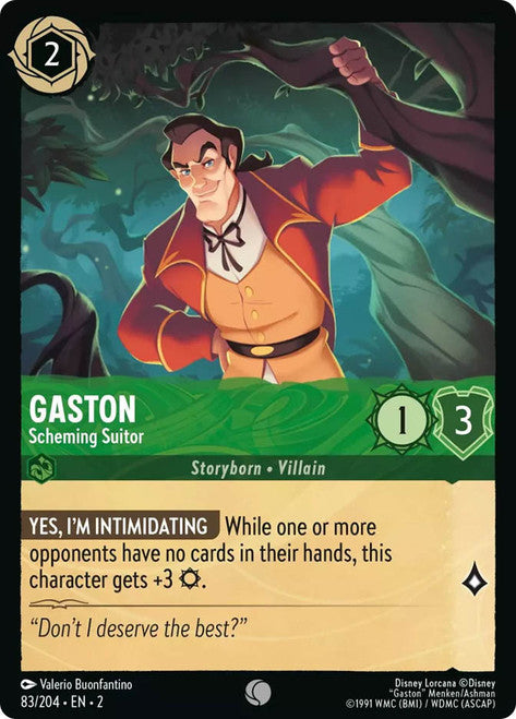 Carta Gaston - Scheming Suitor,Set Rise of the Floodborn , Número de Tarjeta 83 , Color Emerald, Rarity Common