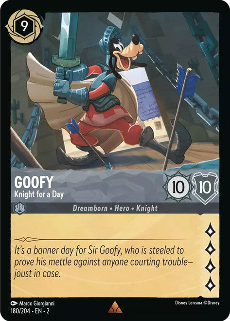 Carta Goofy - Knight for a Day,Set Rise of the Floodborn , Número de Tarjeta 180 , Color Steel, Rarity Rare