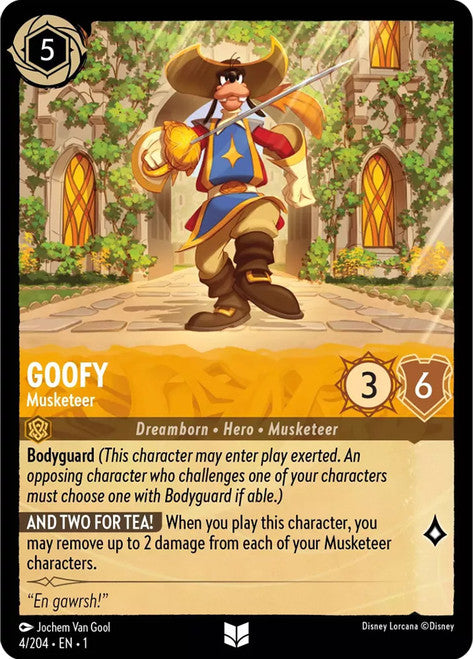 Carta Goofy - Musketeer,Set The First Chapter, Número de Tarjeta 4 , Color Amber, Rarity Uncommon