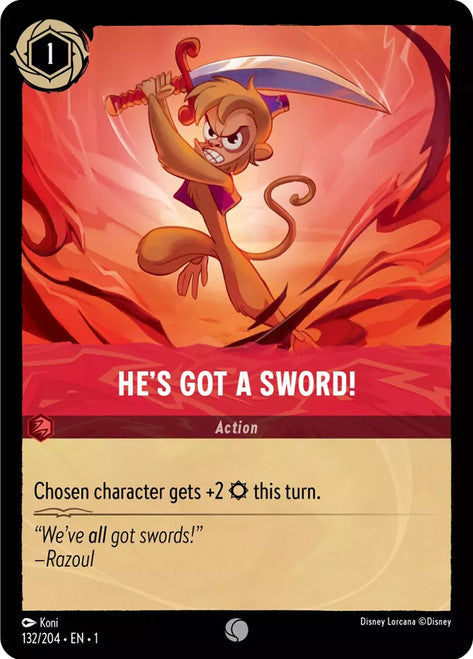 Carta He's Got a Sword!,Set The First Chapter, Número de Tarjeta 132 , Color Ruby, Rarity Common