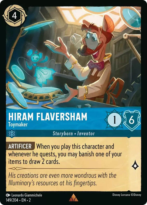 Carta Hiram Flaversham - Toymaker,Set Rise of the Floodborn , Número de Tarjeta 149 , Color Sapphire, Rarity Rare
