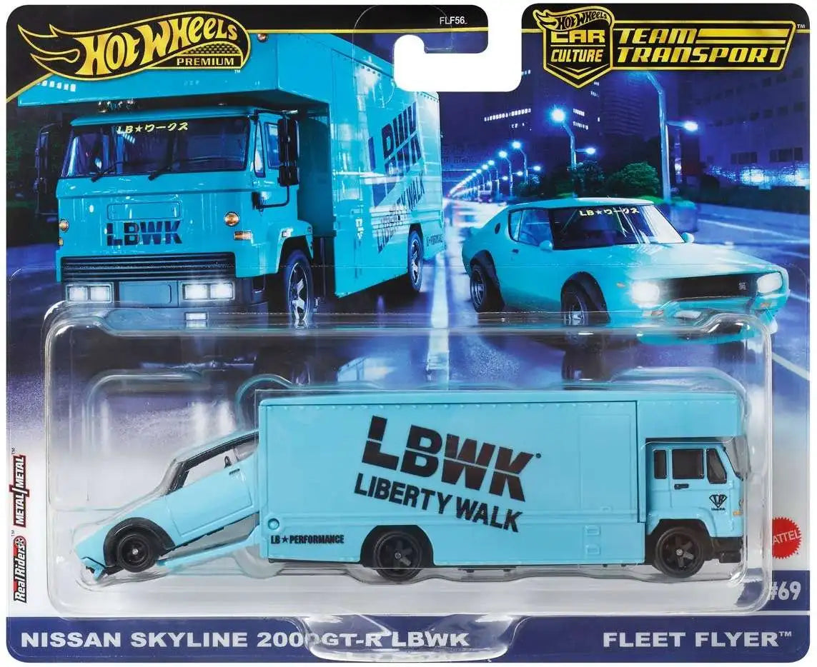Mattel - Hot Wheels FLF56 (HRV45) Fleet Flyer & Nissan Skyline 2000GT-R LBWK 1:64 Scale