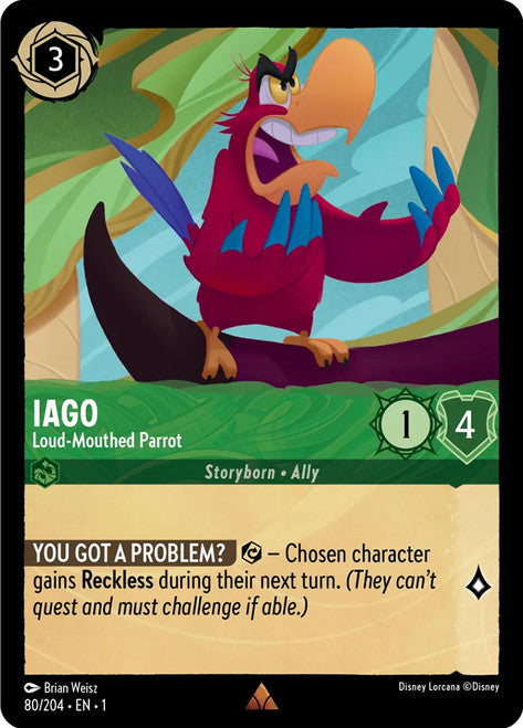 Carta Iago - Loud-Mouthed Parrot,Set The First Chapter, Número de Tarjeta 80 , Color Emerald, Rarity Rare