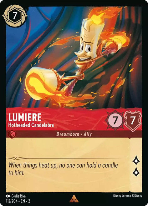 Carta Lumiere - Hotheaded Candelabra,Set Rise of the Floodborn , Número de Tarjeta 112 , Color Ruby, Rarity Rare