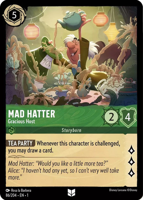 Carta Mad Hatter - Gracious Host,Set The First Chapter, Número de Tarjeta 86 , Color Emerald, Rarity Uncommon