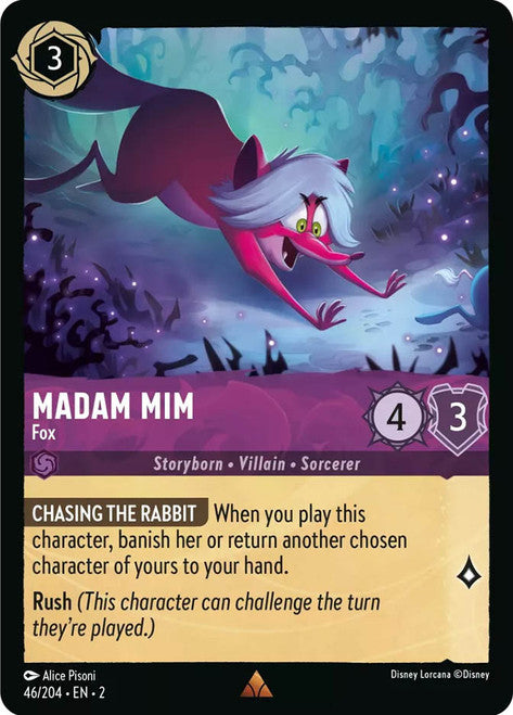 Carta Madam Mim - Fox,Set Rise of the Floodborn , Número de Tarjeta 46 , Color Amethyst, Rarity Rare