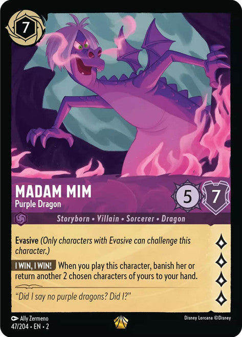 Carta Madam Mim - Purple Dragon,Set Rise of the Floodborn , Número de Tarjeta 47 , Color Amethyst, Rarity Legendary