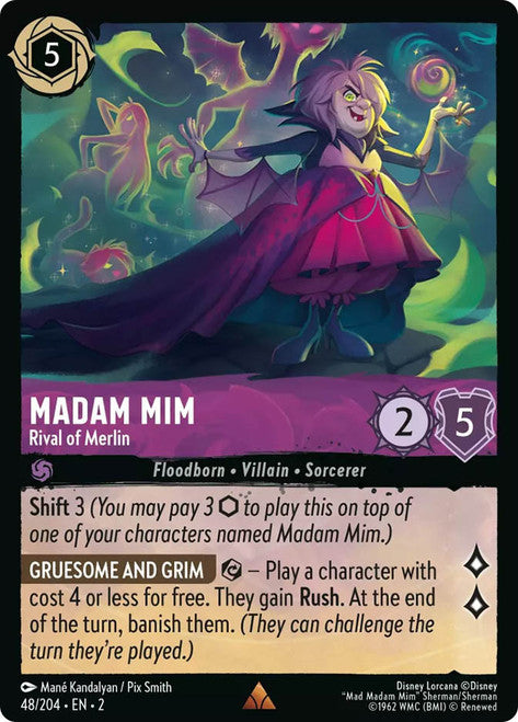 Carta Madam Mim - Rival of Merlin,Set Rise of the Floodborn , Número de Tarjeta 48 , Color Amethyst, Rarity Rare