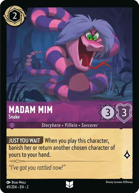 Carta Madam Mim - Snake,Set Rise of the Floodborn , Número de Tarjeta 49 , Color Amethyst, Rarity Uncommon